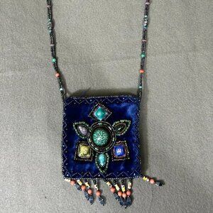BOHO Velvet Women's Purse Pouch Blue Silk Stones Ornate Fringe & Strap